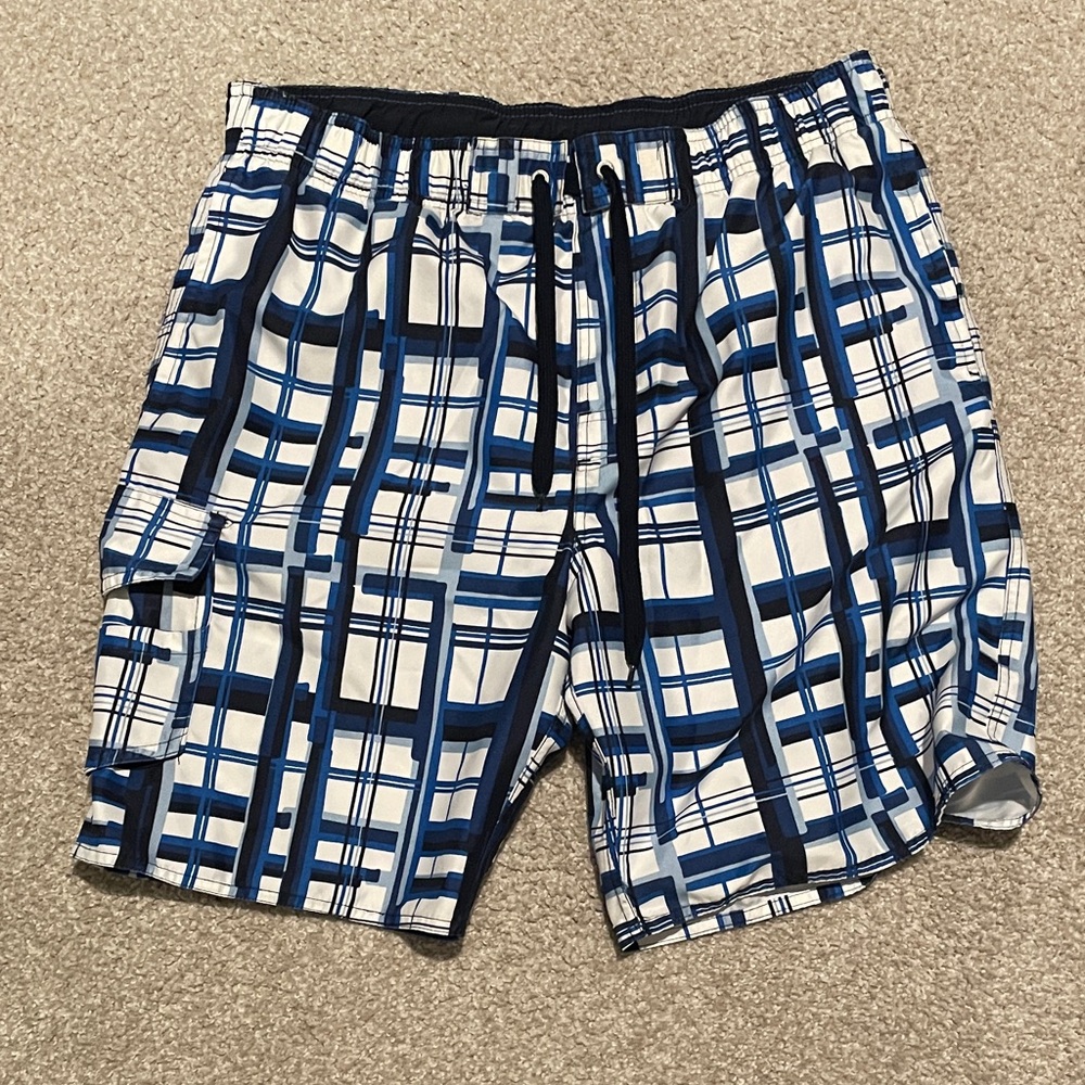 Newport Men's Navy and White Plaid Swim Shorts
